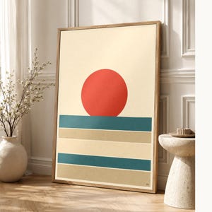 Tomato Red Sun Nordic Lake Wall Art Print | Minimalist Sun Poster | Cut-Paper Mid-Century Print | Gray Blue Scandi Decor image 1