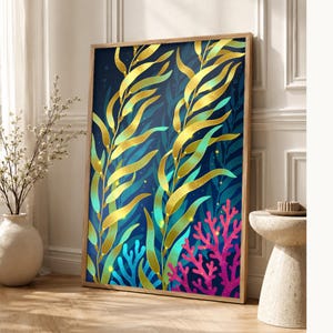 Bioluminescent Kelp Forest Poster | Deep Sea Ocean Bathroom Wall Art Print | Dark Coastal Night Print image 1