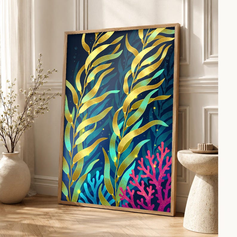 Bioluminescent Kelp Forest Poster | Deep Sea Ocean Bathroom Wall Art Print | Dark Coastal Night Print image 1