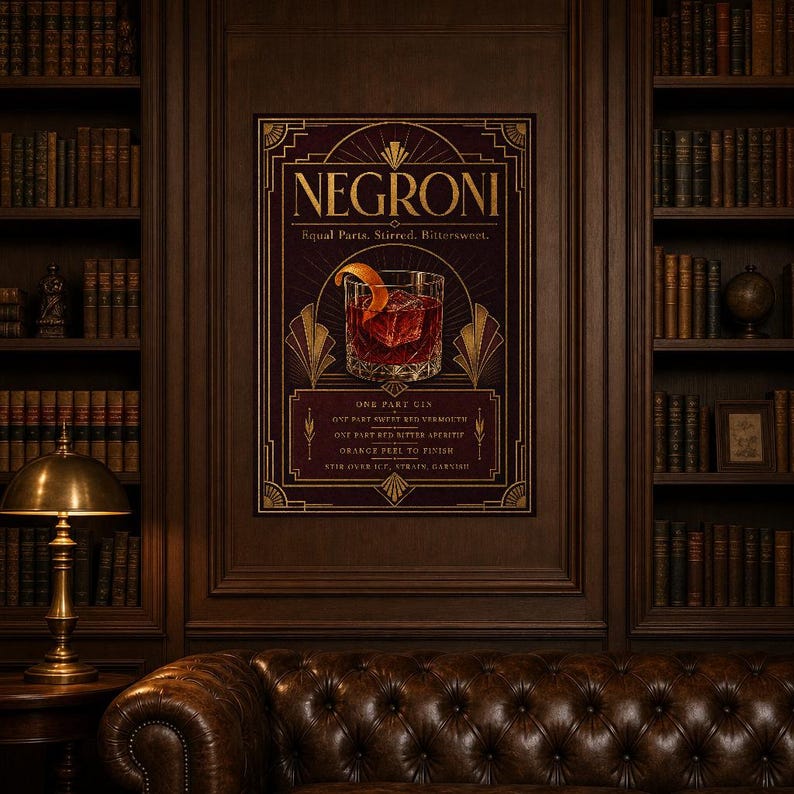 Bordeaux Art Deco Negroni Recipe Wall Art Print | Gold Cocktail Recipe Poster | Bar Cart Decor Print | Kitchen Wall Art image 5