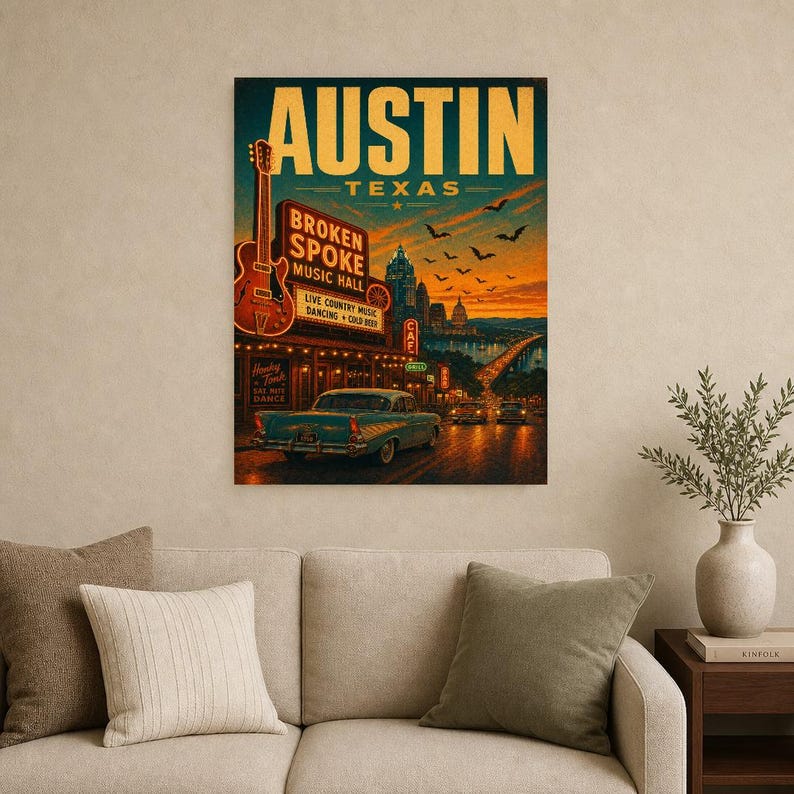 Austin-Reiseposter | Vintage-Druck der Hauptstadt der Livemusik | Texas-Wandbild | Stadtdeko aus der Mitte des 20. Jahrhunderts Bild 8