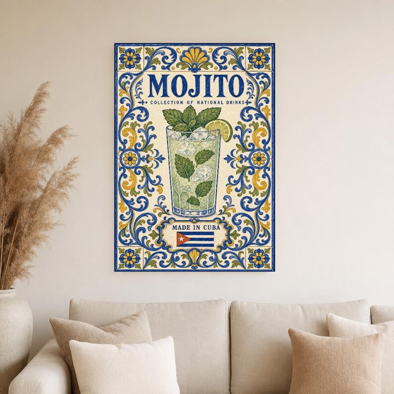 Płytka ścienna z koktajlem Mojito | Kubański plakat narodowy z napojami | Druk koszyka barowego Azulejo | Wystrój kuchni majolikowej zdjęcie 4