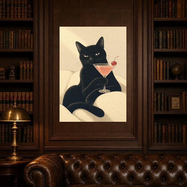 黒猫のカクテルウォールアート |チェリーコスモポスター |バーカートプリント |風変わりなノワールキャットクラブラウンジの装飾 画像 5