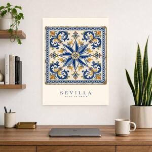 Seville Azulejo Tile Wall Art | Full Color Spanish Maiolica Poster | 8-Pointed Star Print | Andalusia Travel Decor | Spain Kitchen Gift image 8