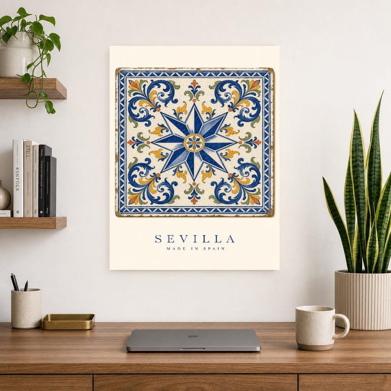 Seville Azulejo Tile Wall Art | Full Color Spanish Maiolica Poster | 8-Pointed Star Print | Andalusia Travel Decor | Spain Kitchen Gift image 8