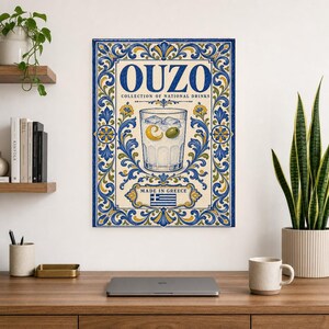 Ouzo cocktail tegel kunst aan de muur | Nationale drankposter van Griekenland | Azulejo Barwagen afdrukken | Maiolica keukendecor afbeelding 8