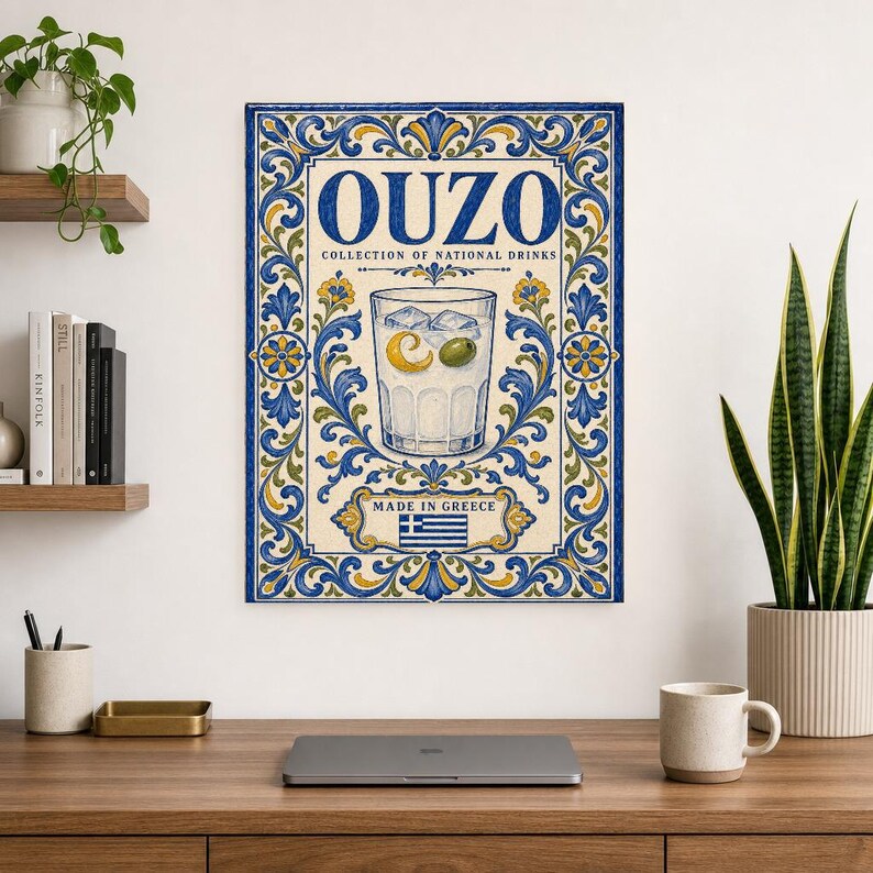 Ouzo cocktail tegel kunst aan de muur | Nationale drankposter van Griekenland | Azulejo Barwagen afdrukken | Maiolica keukendecor afbeelding 8