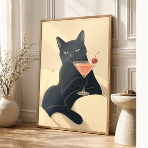 黒猫のカクテルウォールアート |チェリーコスモポスター |バーカートプリント |風変わりなノワールキャットクラブラウンジの装飾 画像 1