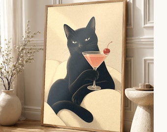 Arte de pared de cóctel de gato negro | Póster Cereza Cosmo | Impresión del carrito de la barra | Decoración peculiar del salón Club Noir Ca