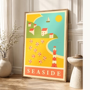 Zestaw grafik ściennych „Saffron Coastal Travel” | Plakat retro z plażą | Wydruk w galerii Seaside zdjęcie 1