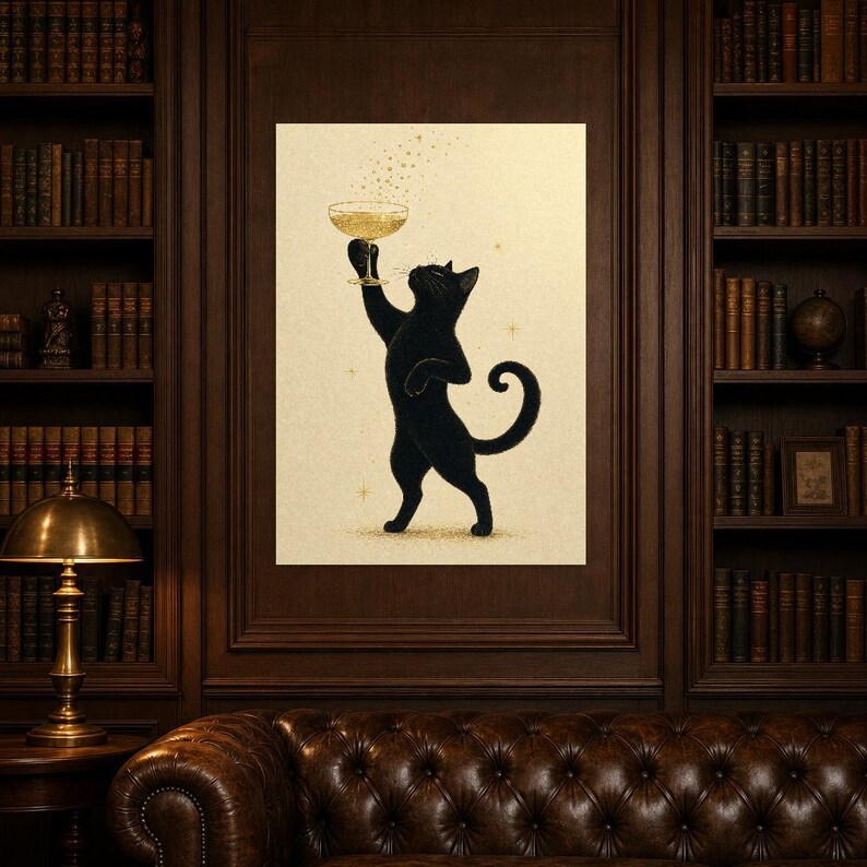 Arte de pared de champán de gato negro | Póster Coupé dorado | Impresión del carrito de la barra | Decoración de celebración del Chic Noir C imagen 5