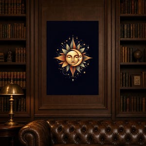 Celestial Sun and Moon Wall Art | Gold Mystical Face Poster | Boho Moon Phase Bedroom Print image 4