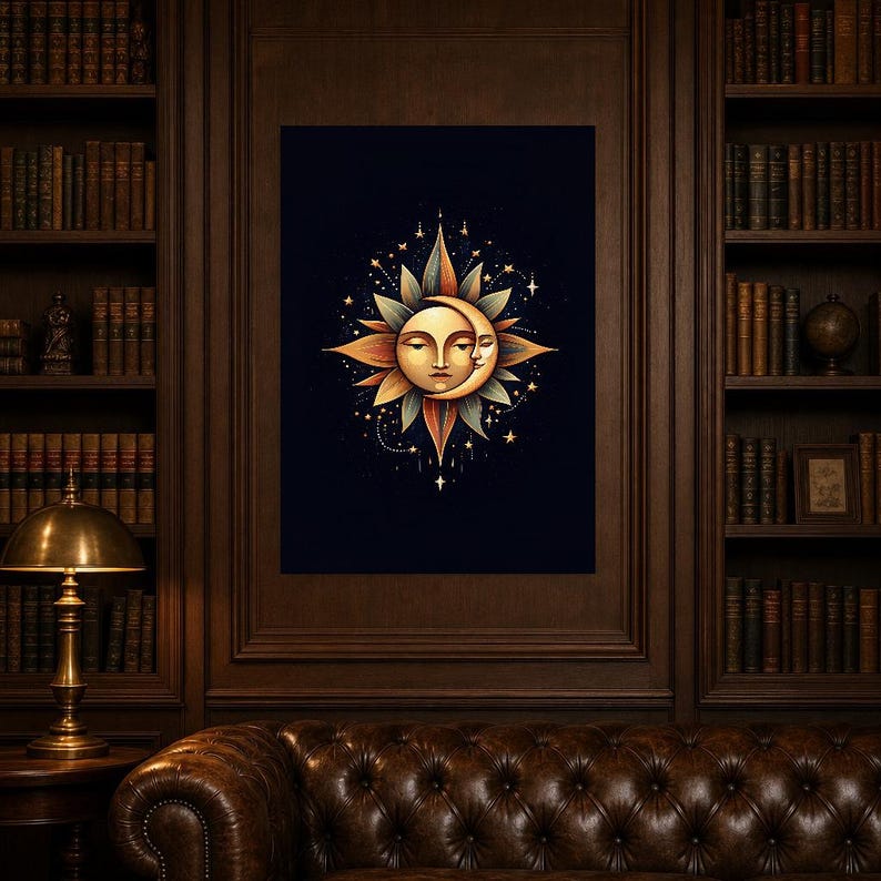 Celestial Sun and Moon Wall Art | Gold Mystical Face Poster | Boho Moon Phase Bedroom Print image 4