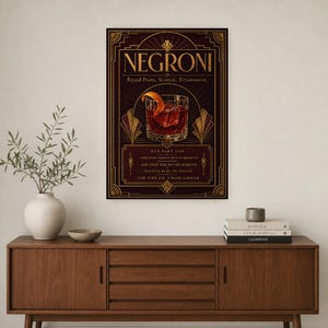 Bordeaux Art Deco Negroni Recipe Wall Art Print | Gold Cocktail Recipe Poster | Bar Cart Decor Print | Kitchen Wall Art image 2