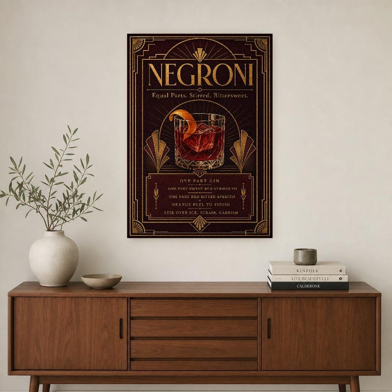 Bordeaux Art Deco Negroni Recipe Wall Art Print | Gold Cocktail Recipe Poster | Bar Cart Decor Print | Kitchen Wall Art image 2