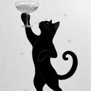 Arte de pared de champán de gato negro | Póster Coupé dorado | Impresión del carrito de la barra | Decoración de celebración del Chic Noir C imagen 10
