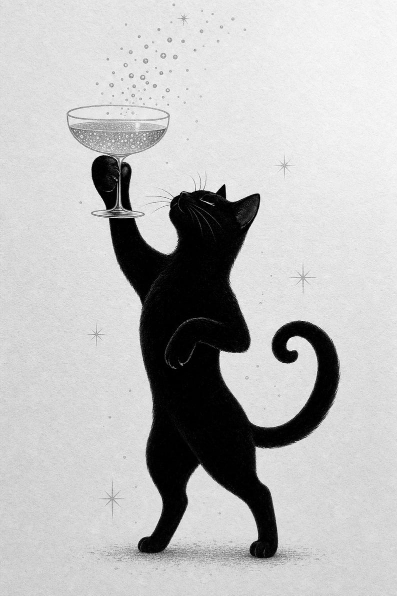 Arte de pared de champán de gato negro | Póster Coupé dorado | Impresión del carrito de la barra | Decoración de celebración del Chic Noir C imagen 10