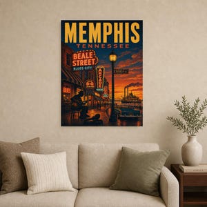 Memphis Travel Poster | Vintage 1950s Beale Street Blues Print | Tennessee Wall Art Print | Mid Century City Decor image 8