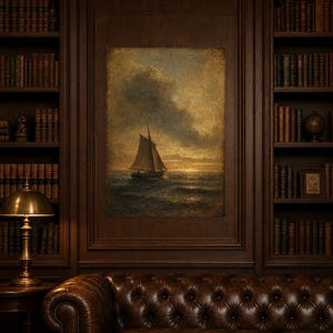 Moody Vintage Sailboat Seascape Wall Art Print | Antique Oil Painting Print | Dark Academia Coastal Decor | Tonalist Marine Poster image 5
