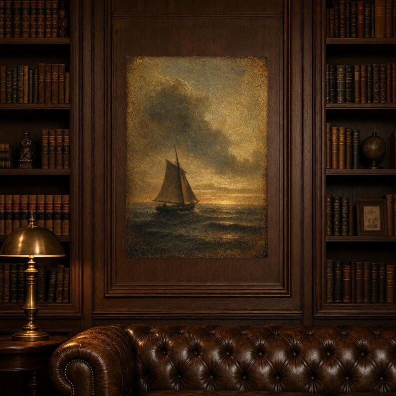 Moody Vintage Sailboat Seascape Wall Art Print | Antique Oil Painting Print | Dark Academia Coastal Decor | Tonalist Marine Poster image 5