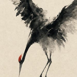 Impresión de grúa de sol rojo Arte de pared japonés | Pájaro de tinta descendente | Decoración del cartel Zen Wabi Sabi imagen 3