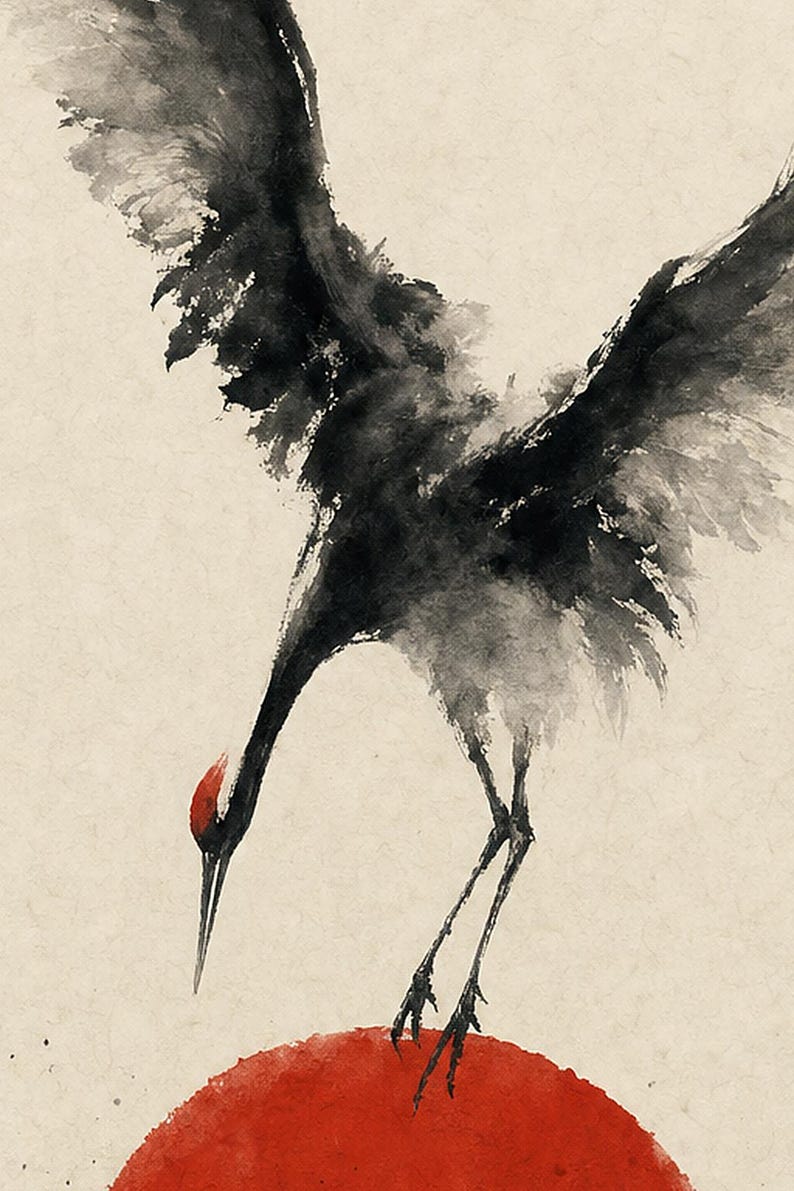 Impresión de grúa de sol rojo Arte de pared japonés | Pájaro de tinta descendente | Decoración del cartel Zen Wabi Sabi imagen 3