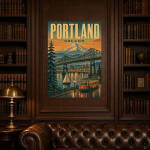 Portland Travel Poster | Vintage Mt Hood Bridge Print | Oregon Wall Art Print | Mid Century City Decor image 4