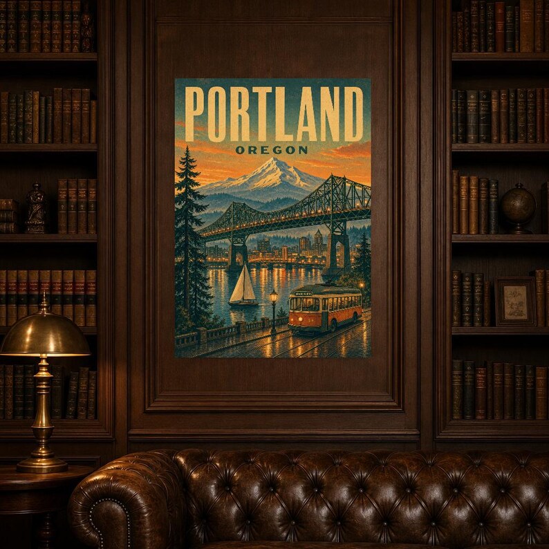 Portland Travel Poster | Vintage Mt Hood Bridge Print | Oregon Wall Art Print | Mid Century City Decor image 4