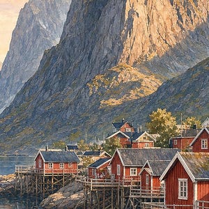 Lofoten Travel Poster | Soft Painting Norway Wall Art | Queen Fjord Fishing Village Print | Printed & Shipped image 3