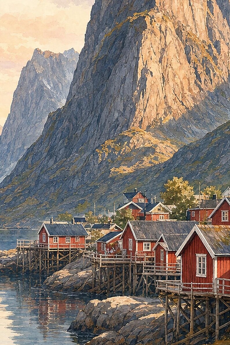 Lofoten Travel Poster | Soft Painting Norway Wall Art | Queen Fjord Fishing Village Print | Printed & Shipped image 3