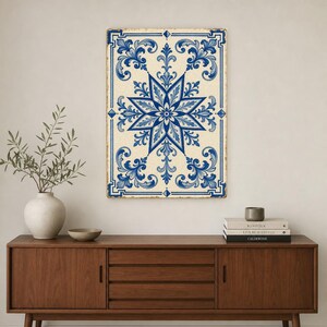 Azulejo Tile Wall Art | Classic Blue & White Maiolica Poster | Portuguese Ceramic Print | Mediterranean Kitchen Decor | No Text Boho Art image 2