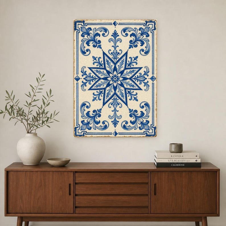 Azulejo Tile Wall Art | Classic Blue & White Maiolica Poster | Portuguese Ceramic Print | Mediterranean Kitchen Decor | No Text Boho Art image 2