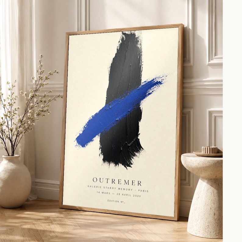 Zagranica | Abstrakcyjna sztuka ścienna | Nowoczesny plakat galeryjny | Minimalistyczny wydruk w kolorze niebieskim i czarnym | Wydruk i wysyłka zdjęcie 1