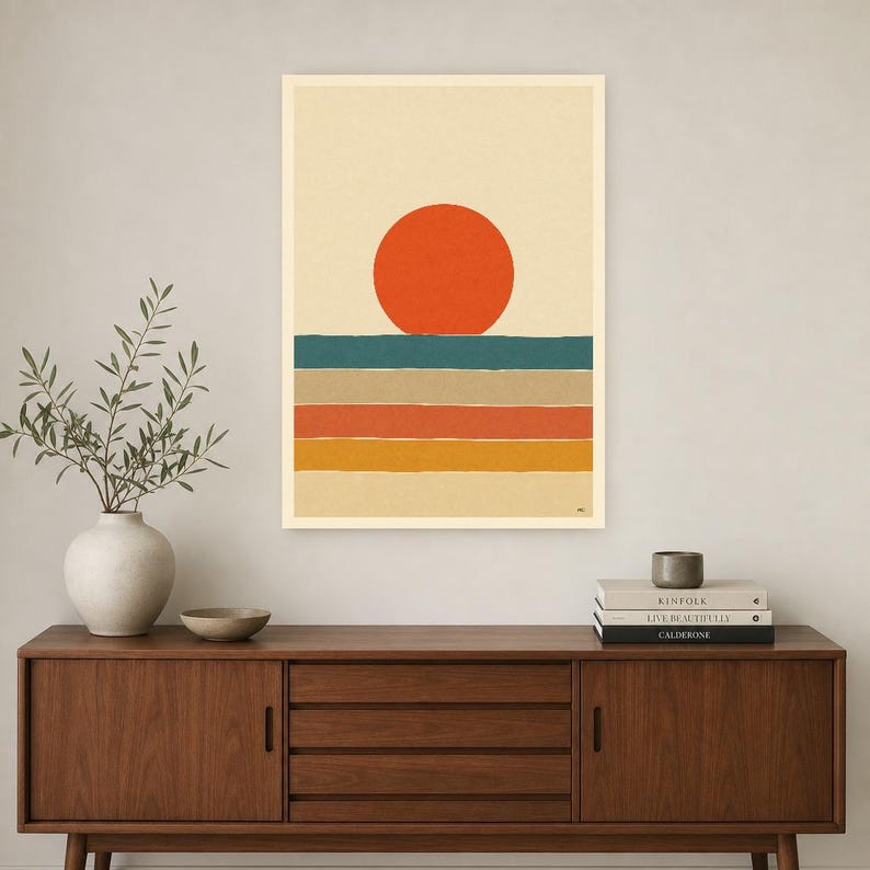 Vermillion Sun Aegean Sea Wall Art Print | Mid-Century Sun Poster | Cut-Paper Minimalist Print | Teal Cream Boho Decor image 2