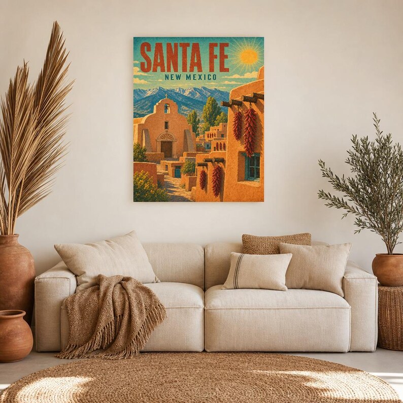 Santa Fe Travel Poster | Vintage Adobe Pueblo Print | New Mexico Wall Art Print | Mid Century City Decor image 6