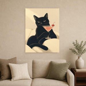 黒猫のカクテルウォールアート |チェリーコスモポスター |バーカートプリント |風変わりなノワールキャットクラブラウンジの装飾 画像 9
