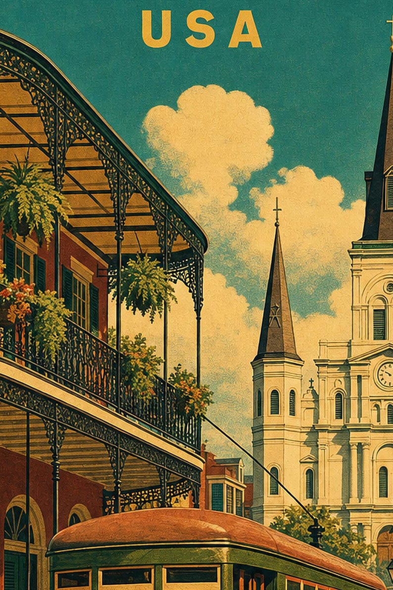 New Orleans Travel Poster | Vintage 1950s French Quarter Print | Retro Louisiana Wall Art Print | Mid Century City Decor image 3