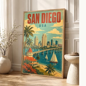 San Diego Travel Poster | Vintage 1950s Bay Print | Retro California Wall Art | Mid Century City Decor image 1
