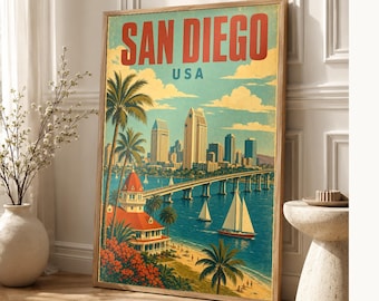Puede incluir: Un póster de viaje vertical de San Diego, EE. UU., que presenta un paisaje urbano estilizado con rascacielos, un puente largo sobre agua azul, veleros y un edificio histórico con techo rojo rodeado de palmeras y flores de color naranja.