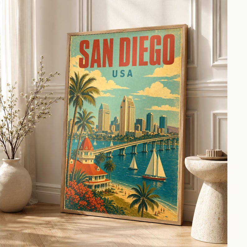 San Diego Travel Poster | Vintage 1950s Bay Print | Retro California Wall Art | Mid Century City Decor image 1