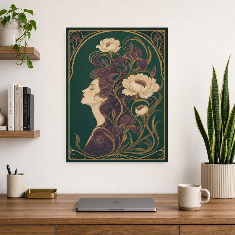 Art Nouveau Wall Art Print | Woman with Iris Flowers Poster | Modern New Botanical | Jade Plum Ivory Elegant Wall Decor image 8