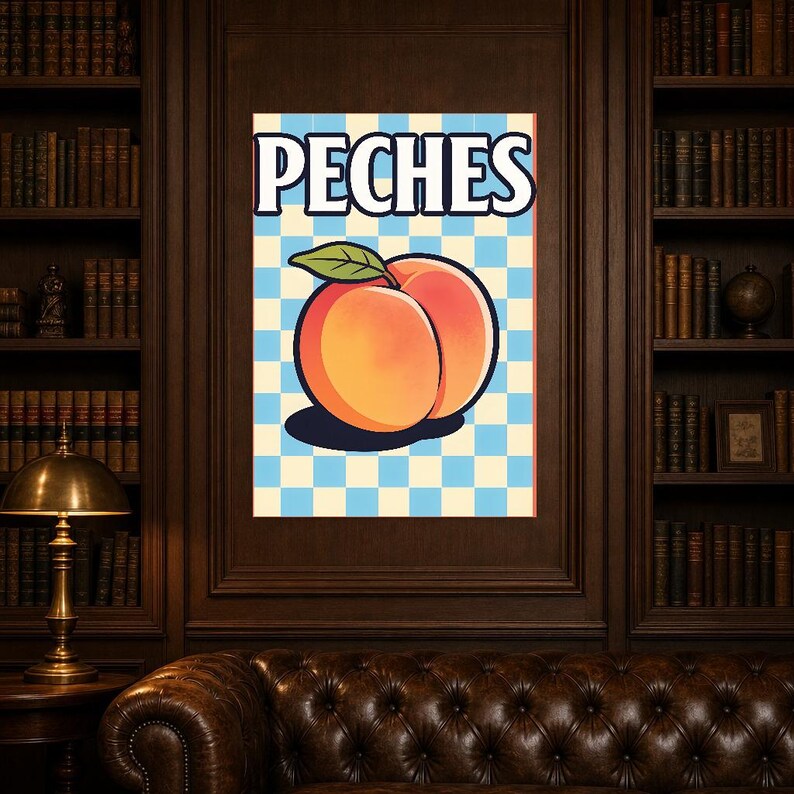 Reprodukcja ściany kuchennej w kolorze brzoskwiniowym | Plakat Owocowy Retro Bistro | Maksymalistyczna kuchnia Cottagecore Print | Wystrój j zdjęcie 7