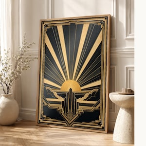 Impresión artística de pared Art Déco Sunburst | Póster geométrico negro dorado | Decoración de pared estilo Neo Deco Gatsby | Elegante esta imagen 1