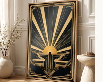 Art Deco Sunburst Wall Art Print | Gold Black Geometric Poster | Neo Deco Gatsby Style Wall Decor | Elegant Vintage Glam Print