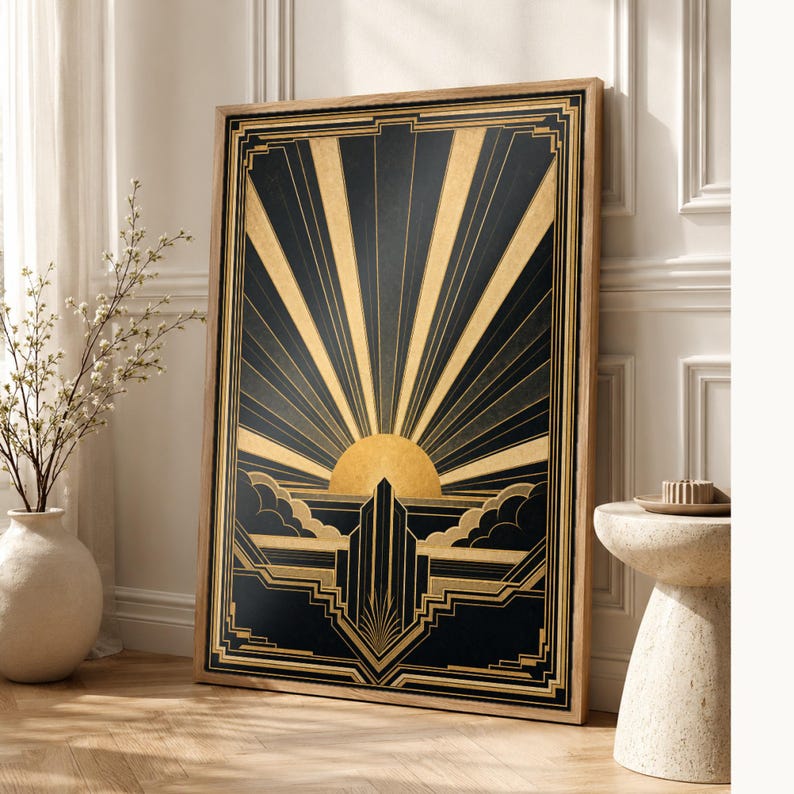 Impresión artística de pared Art Déco Sunburst | Póster geométrico negro dorado | Decoración de pared estilo Neo Deco Gatsby | Elegante esta imagen 1