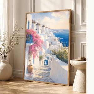 Mykonos Travel Poster | Soft Painting Greece Wall Art | Greek Island Windmills Coastal Print | Printed & Shipped image 1