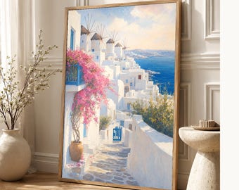 Mykonos Travel Poster | Soft Painting Greece Wall Art | Greek Island Windmills Coastal Print | Printed & Shipped