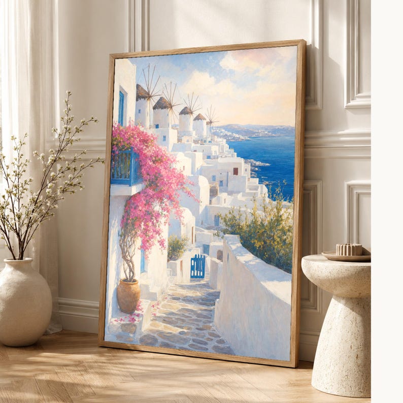 Mykonos Travel Poster | Soft Painting Greece Wall Art | Greek Island Windmills Coastal Print | Printed & Shipped image 1