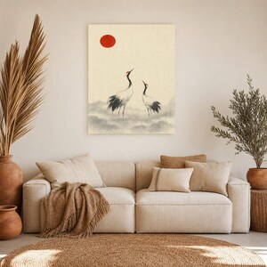 Red Sun Crane Japandi Wall Art Print | Ink Wash Pair in Mist | Wabi Sabi Hallway Poster Print image 7
