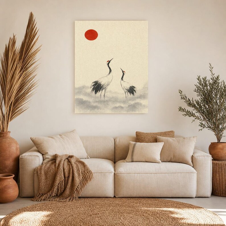 Red Sun Crane Japandi Wall Art Print | Ink Wash Pair in Mist | Wabi Sabi Hallway Poster Print image 7